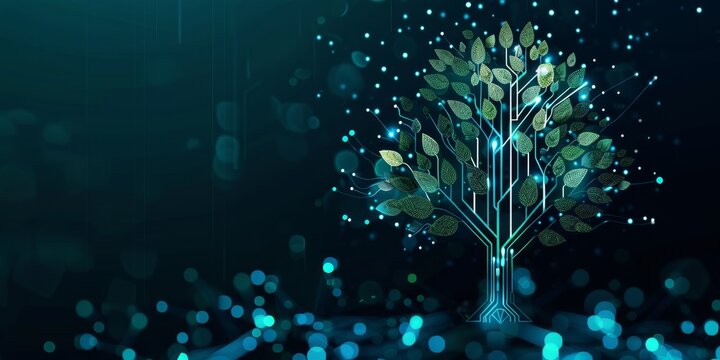 A tree made of electronic components is displayed on a dark background. The tree is surrounded by a lot of light, which gives it a futuristic and technological feel. Concept of innovation and progress