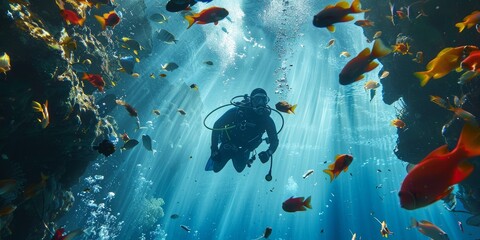 A man is swimming in a pool full of fish. The fish are of various colors, including red, orange, and yellow. The man is wearing a wetsuit and he is enjoying his time in the water