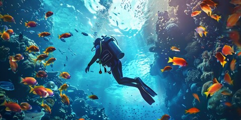 A man is swimming in the ocean with a group of fish. The fish are orange and the water is blue