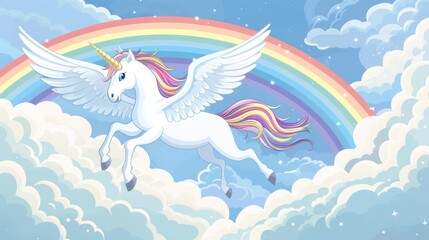 Fototapeta na wymiar An enchanting image of a white unicorn with colorful mane flying over clouds with a vibrant rainbow in the background