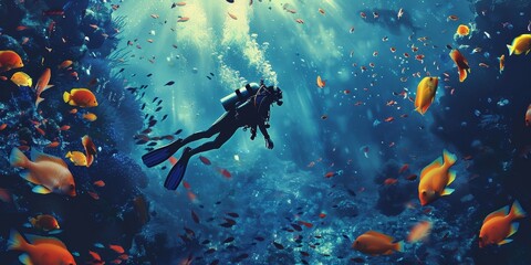 A man in a black wetsuit is swimming in a sea of fish. The fish are orange and the water is blue - obrazy, fototapety, plakaty