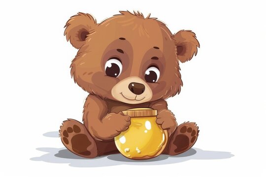 This cute image depicts a teddy bear holding a honey pot, symbolizing comfort, simplicity, and sweet delight