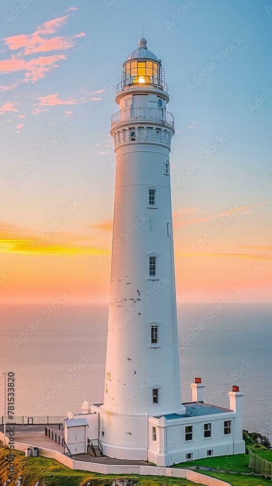 Sticker lighthouse on the coast of the sea