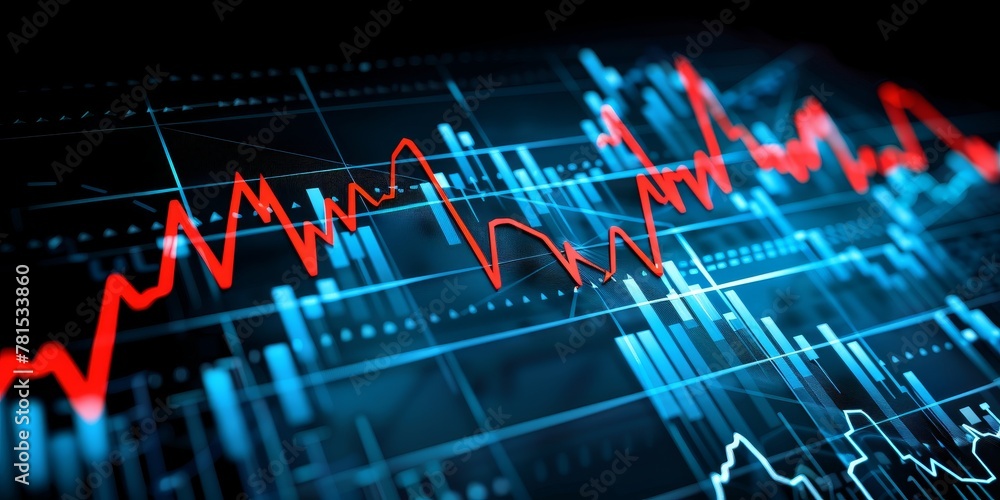 Poster a graph with red lines and blue lines showing a downward trend