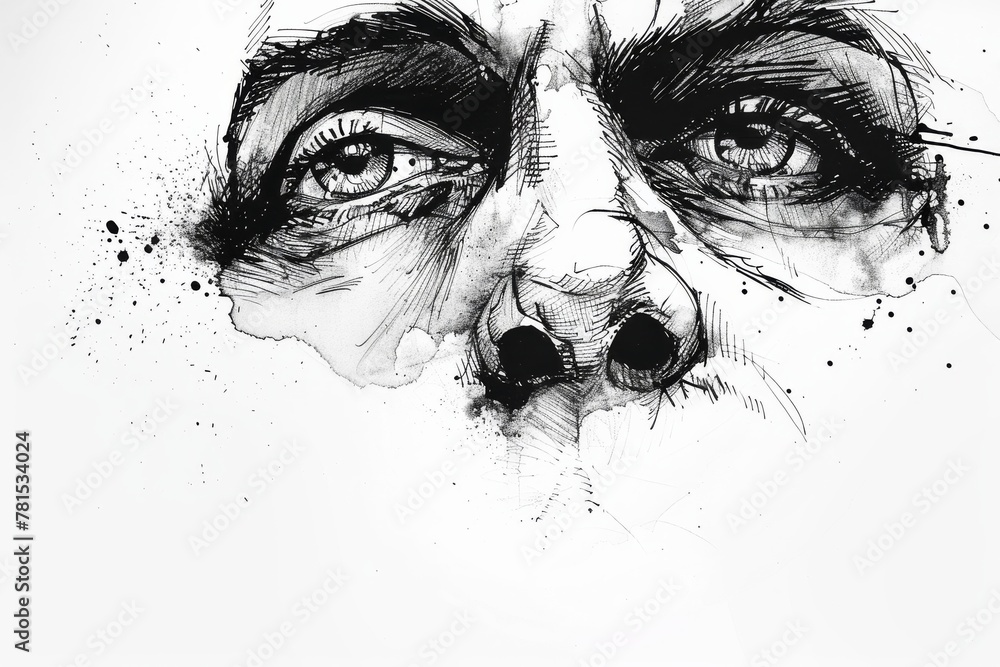 Leinwandbilder black ink splashes and droplets scattered randomly on a clean white background, creating an abstract