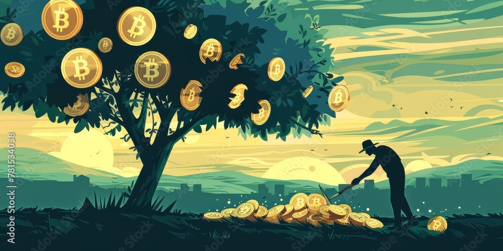 Poster a man is digging in a pile of gold coins. the coins are scattered all over the ground, and the man i