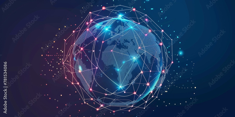 Poster a blue and red globe with a network of lines surrounding it