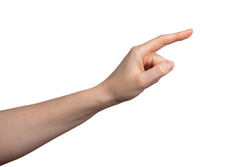 Left hand clicking, index finger touching, gesturing, pointing side, isolated on white background, transparent png