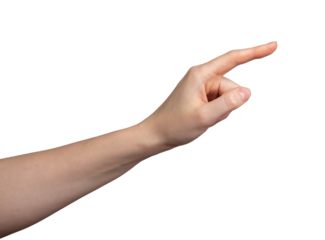 Left hand clicking, index finger touching, gesturing, pointing side, isolated on white background, transparent png