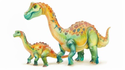 Obraz premium A depiction of a family of toy dinosaurs in vivid colors and realistic textures, against a plain white background
