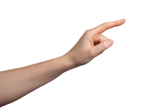 Left hand clicking, index finger touching, gesturing, pointing side, isolated on white background, transparent png