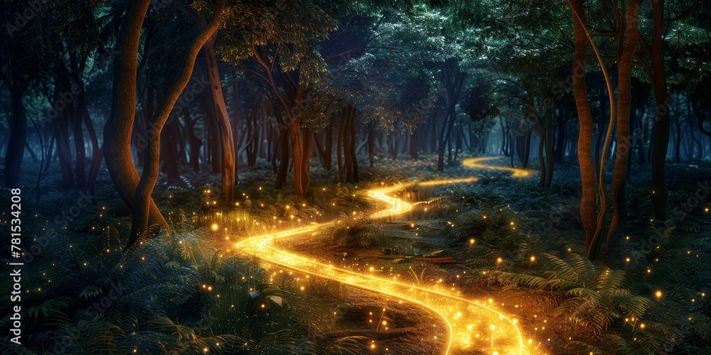 Aufkleber a glowing path through a forest with trees in the background. the path is illuminated by a light tha