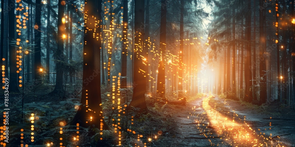 Aufkleber a forest with glowing lights and a path through it. the lights are scattered throughout the forest, 