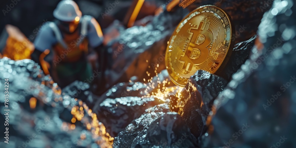 Poster a man is digging in the ground and a gold coin with the letter b on it is floating in the water