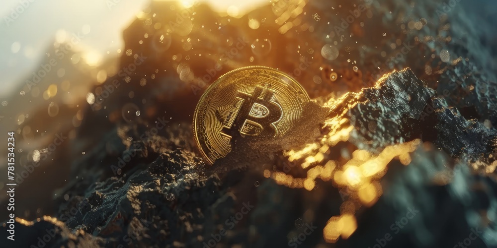 Poster a golden coin with the letter b on it is sitting on a pile of rocks. the image has a surreal and dre