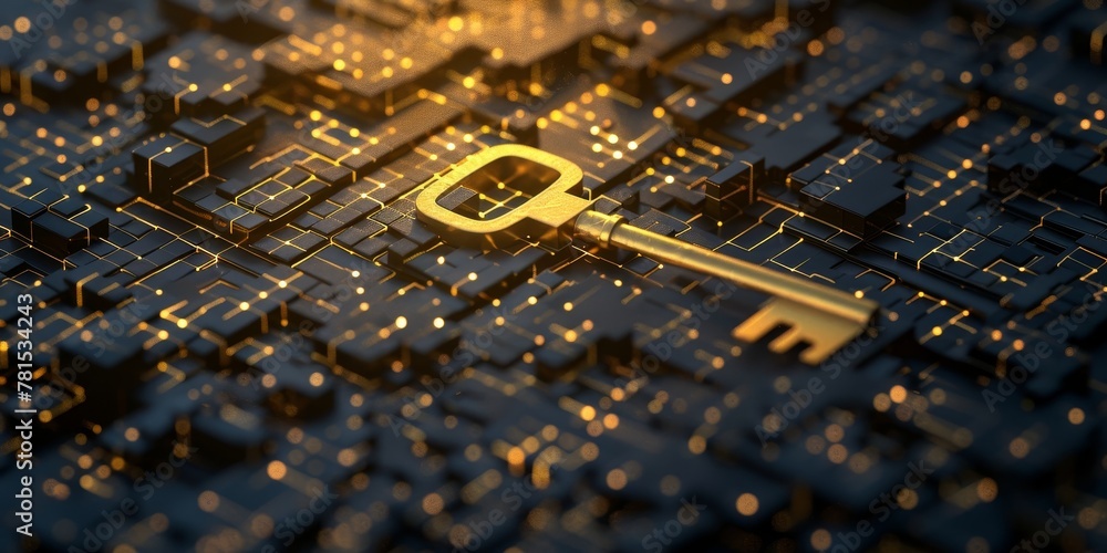Poster a golden key is placed on a black background. the key is surrounded by a lot of small squares, which