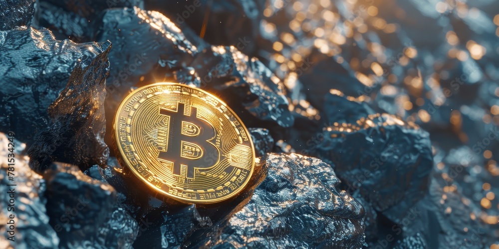 Poster a gold coin with the letter b on it is sitting on a pile of rocks. the image has a dark and moody at