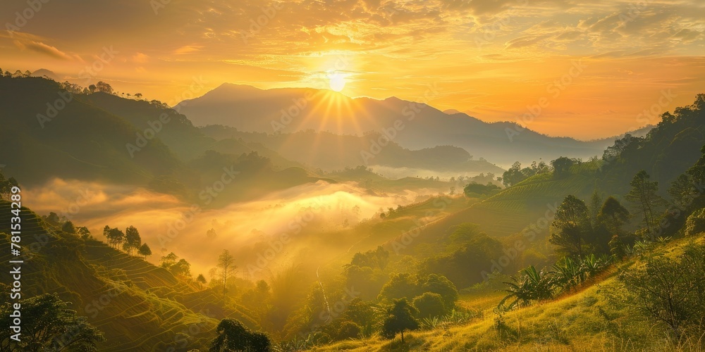 Aufkleber the sun is setting over a mountain range, casting a warm glow over the landscape. the sky is filled 