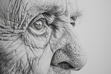 A highly detailed close-up sketch of an elderly elephant, capturing the texture and wisdom in intricate lines