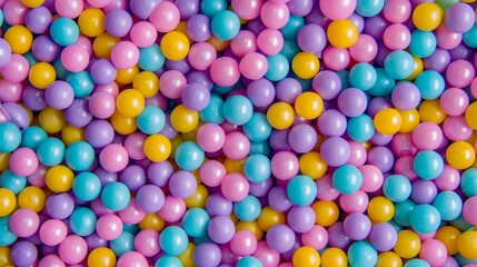 Fototapeta na wymiar vibrant purple, pink, yellow, mint color plastic balls background, ball pit, kids party background