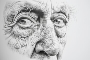 A black and white hyper-realistic drawing showcasing the intricate details of an elderly person's face