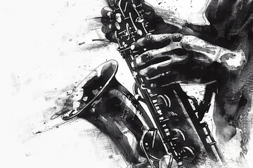 A close-up of an expressive saxophone artwork in black and white, conveying musical passion and complexity - obrazy, fototapety, plakaty