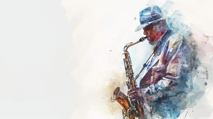 This artistic image captures a musician playing a saxophone, rendered in a vibrant watercolor style, evoking a sense of passion and creativity - obrazy, fototapety, plakaty