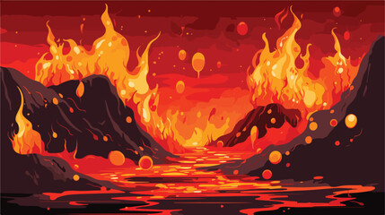 Liquid lava splashes with fire and drops. Molten ma - obrazy, fototapety, plakaty