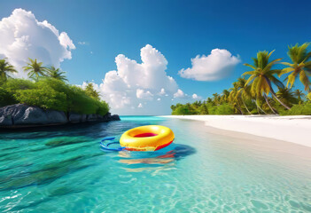 Sandy beach and inflatable colored children's swimming toy in the Maldives with palm trees, blue sky, clouds and bright sun.  - obrazy, fototapety, plakaty