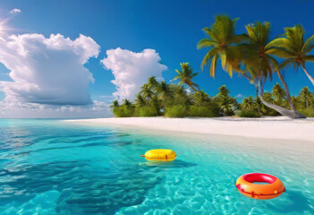 Sandy beach and inflatable colored children's swimming toy in the Maldives with palm trees, blue sky, clouds and bright sun.  - obrazy, fototapety, plakaty