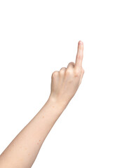 Left hand clicking, index finger touching, gesturing, pointing on something, isolated on white, transparent png