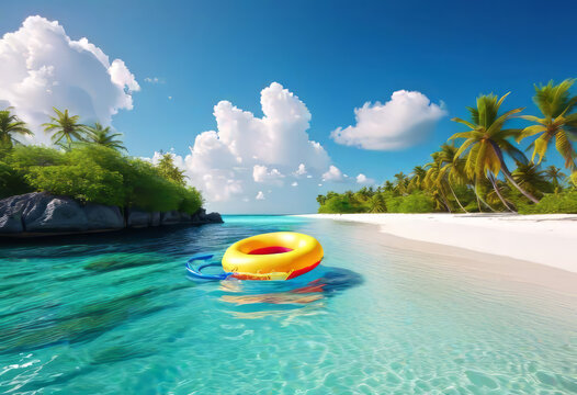 Sandy beach and inflatable colored children's swimming toy in the Maldives with palm trees, blue sky, clouds and bright sun. 