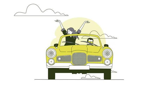 a man drives a woman in a convertible, she cheers and throws her hands up in the air. Flat art animation