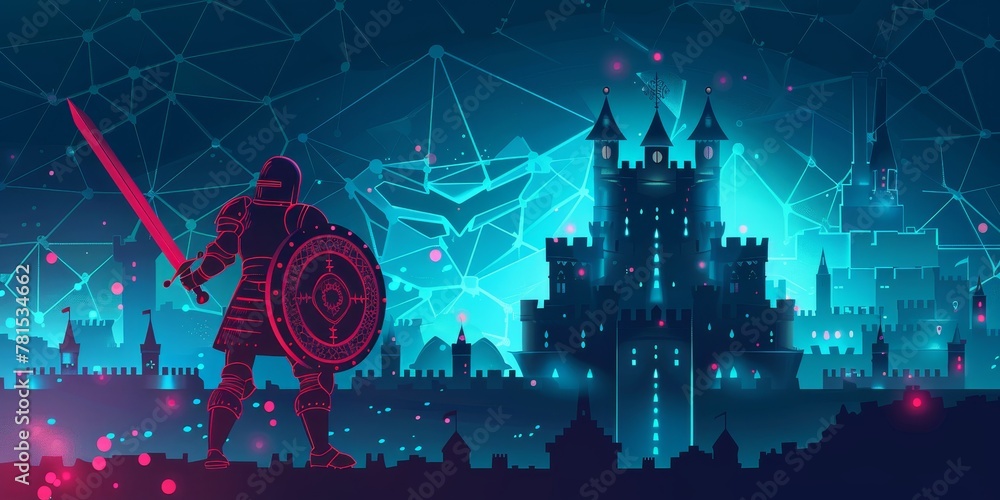 Poster a knight is standing in front of a castle with a shield and sword. the castle is surrounded by a cit