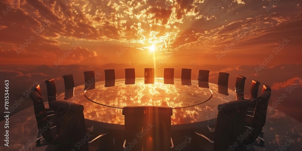 Poster a large round table with many chairs around it. the chairs are all facing the same direction. the ta