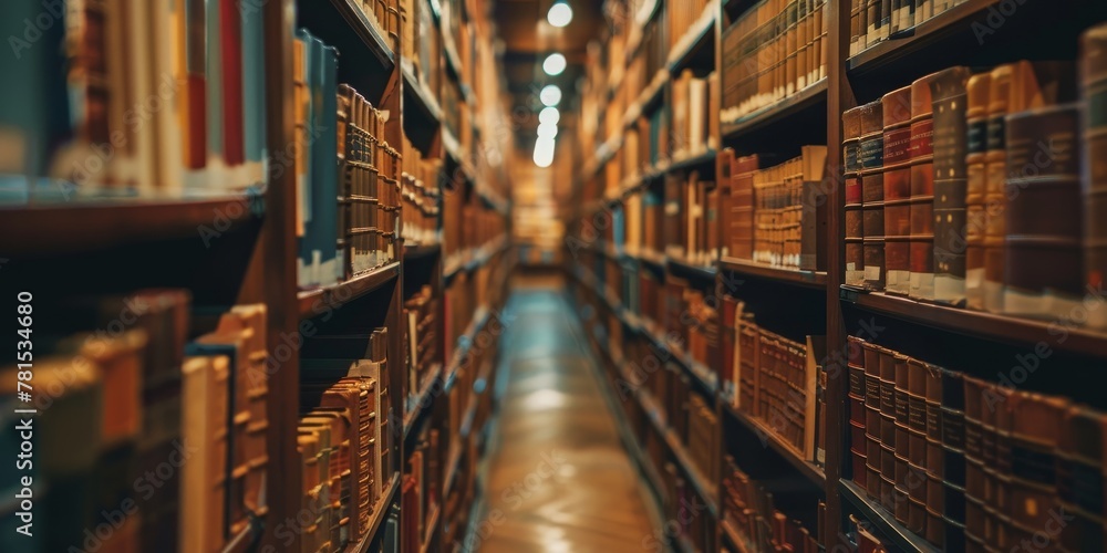 Poster a library with many bookshelves and books. the books are arranged in rows and are of different sizes
