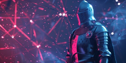 A knight stands in front of a glowing background with a red and blue color scheme. The knight is wearing a suit of armor and he is in a futuristic setting