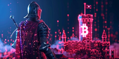 Fototapeta premium A knight stands in front of a castle with a banner that says Bitcoin. The castle is lit up in red and blue, giving the image a futuristic and mysterious feel
