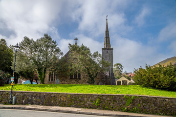 A view towards Saint Martins Church in Haverfordwest, Pembrokeshire, Wales on a spring day