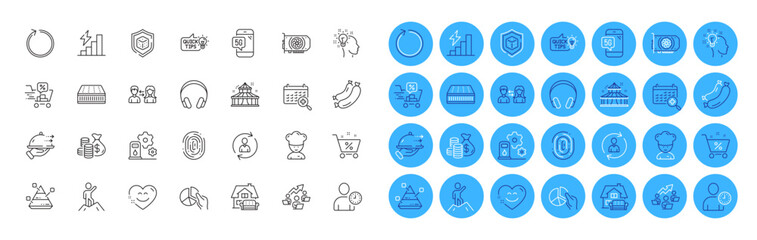 Fototapeta premium Cooking chef, Coins bag and Gpu line icons pack. Smile chat, Circus, Education idea web icon. Mattress, Pie chart, Teamwork chart pictogram. Fingerprint, Time management, Dice. Sausage. Vector