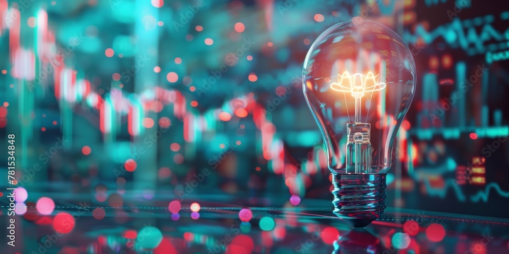 Poster a light bulb is lit up in a colorful background with a lot of numbers and graphs. concept of innovat