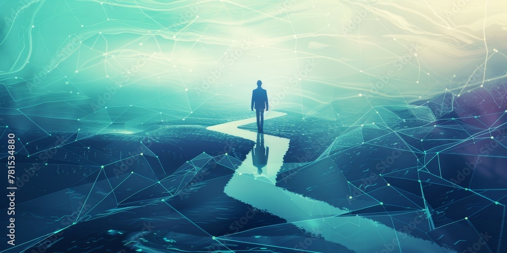 Poster a man is walking down a path in a blue and white background. the image has a futuristic and abstract