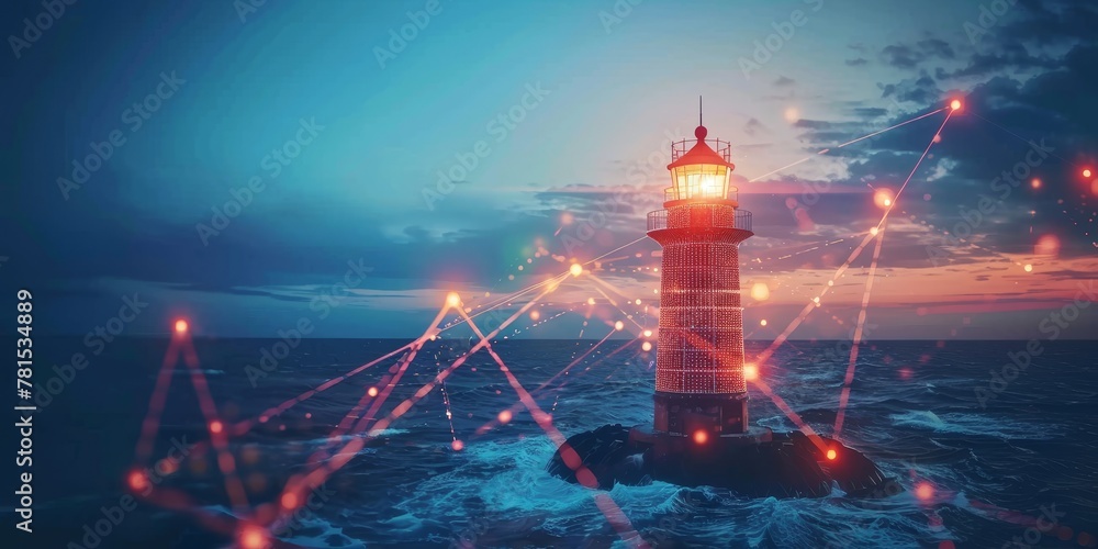 Poster a lighthouse is lit up in the ocean at night. the light is surrounded by a network of lines, creatin
