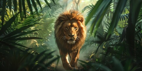 A lion is walking through a jungle with green leaves and trees. The lion is the main focus of the image, and it is walking confidently through the dense foliage - obrazy, fototapety, plakaty