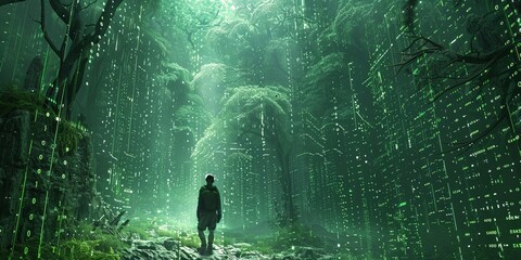 A man is walking through a forest with a lot of green trees and a lot of light - obrazy, fototapety, plakaty