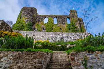 A view up the steps leading to the castle ruins in Haverfordwest, Pembrokeshire, Wales on a spring...