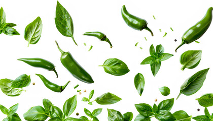 Flying green jalapeno peppers and fresh basil leaves on white background - obrazy, fototapety, plakaty