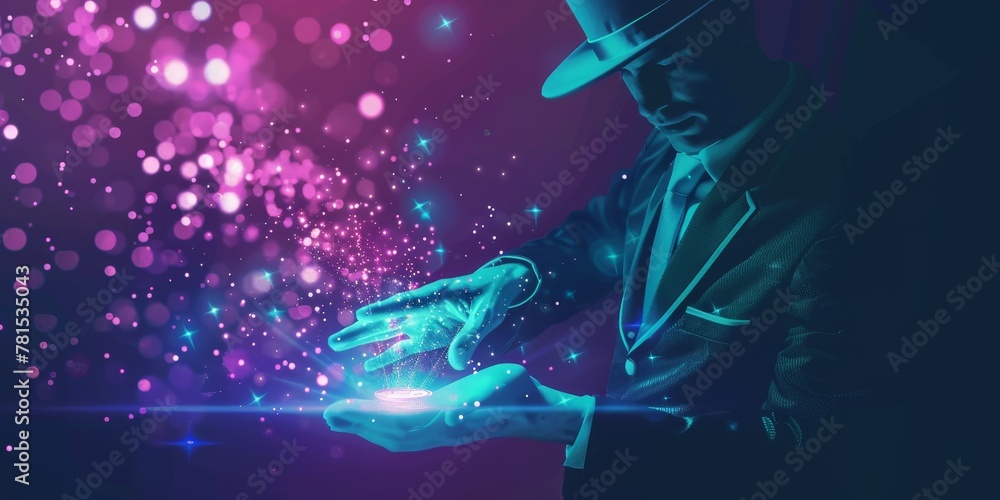 Aufkleber a man in a hat is holding a glowing object in his hand. the image has a futuristic and magical feel 