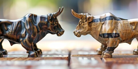 Two bulls are facing each other on a wooden board. The bulls are made of metal and are positioned in a way that they appear to be in a boxing match. Concept of competition and intensity - obrazy, fototapety, plakaty