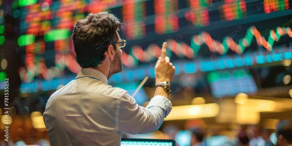 Poster a man pointing at a stock market board with a finger. the board is filled with numbers and lines, an